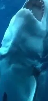 Great white shark swimming underwater in deep blue ocean.