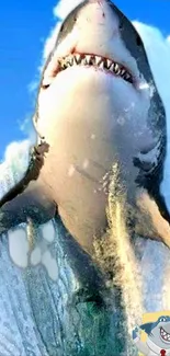 Great White Shark breaching in ocean with splashes of water.