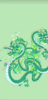 Artistic green dragon on light green background mobile wallpaper.