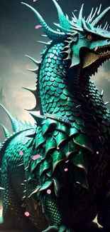 Majestic green dragon with intricate scales against a mystical background.