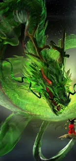 Majestic green dragon with a vibrant fantasy background.