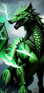 Majestic green dragon with lightning in the mountains.