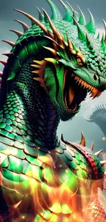 Intricate green dragon wallpaper art with vibrant scales and mythical presence.