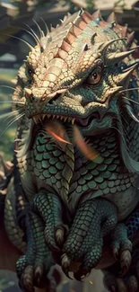 Majestic green dragon digital art wallpaper for mobile devices.