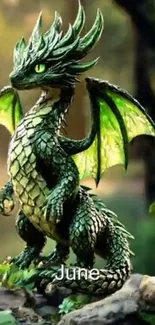 Majestic green dragon in forest setting artwork.