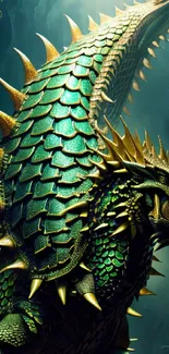 Majestic green dragon with gold spikes in a mystical setting.