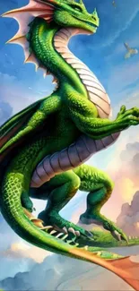 Vibrant fantasy green dragon soaring in a colorful sky.