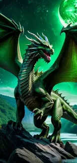 Majestic green dragon with wings spread majestically under a glowing green sky.