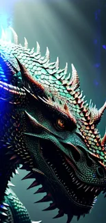 Majestic green dragon with scales and fierce expression in dramatic lighting.