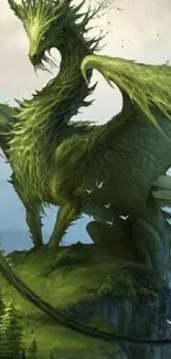 Majestic green dragon on a cliff with serene sky background.