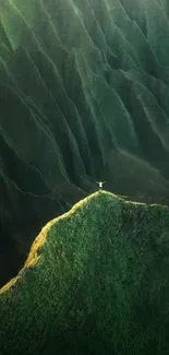 Person stands alone on lush green mountain ridge.