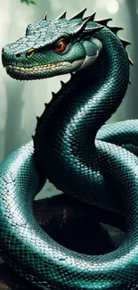 Majestic green snake coiled in a mystical forest, showcasing vibrant scales.