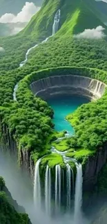 A stunning green mountain landscape with cascading waterfalls and lush vegetation.