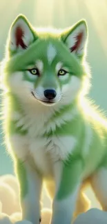Green wolf under the sun in clouds