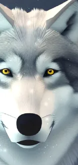 Artistic close-up of a grey wolf with bright yellow eyes.