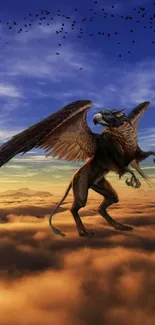 Majestic griffin flying over sunset clouds in vibrant sky.