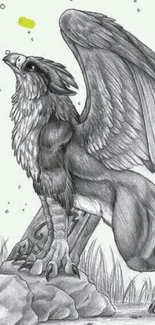 Gray and black gryphon sketch with wings spread, drawn in pencil style.