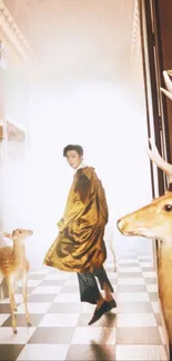 Golden cloaked figure with deer in a elegant, light-filled hallway.