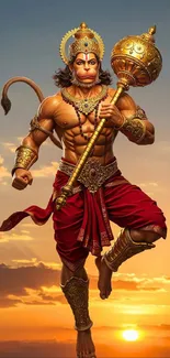 Hanuman depicted in a majestic pose with a sunset background.