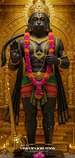 Majestic Hanuman statue in golden temple setting.