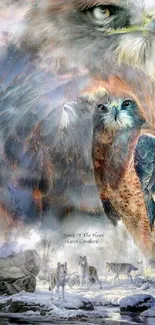 Majestic hawk and wolves in nature-themed artwork.