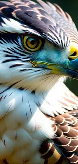 Close-up of a hawk showcasing detailed feathers and a watchful gaze.