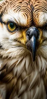 Close-up of a hawk's intense gaze and detailed feathers.