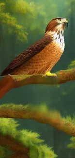 Majestic hawk perched in green forest wallpaper.