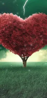 Heart-shaped tree with red leaves under a dramatic green sky on grass.