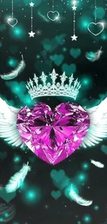 Vibrant purple heart with wings and crown on turquoise background.