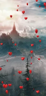 Fantasy landscape with hearts and mountains under a blue sky.