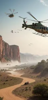 Helicopter flying over a dramatic rocky landscape with mountains.