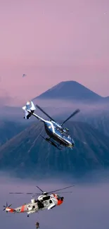 Twin helicopters soar over misty mountains at sunset, creating a dynamic scene.