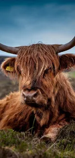 Highland cow portrait with scenic background featuring rich brown tones.