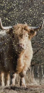 Highland cow in a field with golden sparkles in the air.