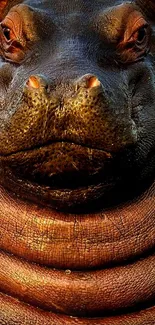 Close-up of majestic hippo in mobile wallpaper, brown and blue hues.