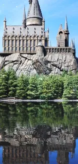 Hogwarts Castle reflecting in a serene blue lake.