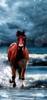 A brown horse gallops through ocean waves under a cloudy sky.