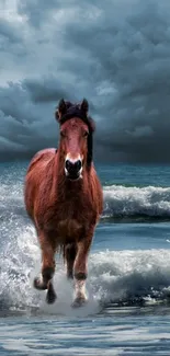 Majestic brown horse galloping along a wavy ocean shore under a dramatic sky.