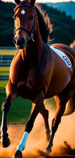 Horse galloping in the warm glow of sunset.