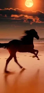 Silhouette of a horse galloping on a beach at sunset with a glowing sun.