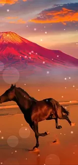 Horse galloping with mountain and sunset backdrop.