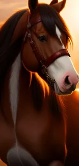 Majestic horse under sunset glow with rich golden hues highlighting its elegance.