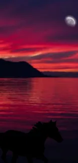 Silhouette of a horse against a crimson sunset with moon reflection.