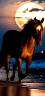 A horse galloping on a beach at sunset with a full moon.