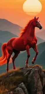 Majestic horse on mountain peak with sunset backdrop