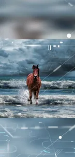 Horse running on beach with digital overlay under cloudy sky.