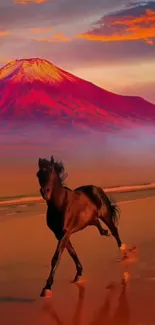 Majestic horse running by a vibrant fiery mountain at sunset.