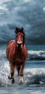 A majestic horse running through ocean waves under a dramatic cloudy sky.