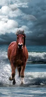 Majestic horse gallops through stormy beach waves under a dramatic sky.